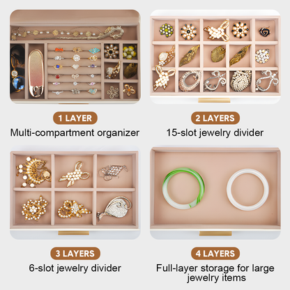 4 Layer Jewelry Box PU Leather Jewellery Organizer Multi-functional Storage Case with Clear Glass Lid and 3 Drawers for Necklaces Rings Earrings Watches - Image 4