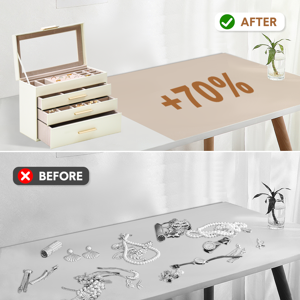 4 Layer Jewelry Box PU Leather Jewellery Organizer Multi-functional Storage Case with Clear Glass Lid and 3 Drawers for Necklaces Rings Earrings Watches - Image 5