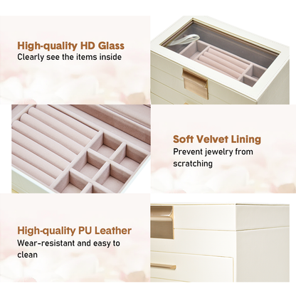 4 Layer Jewelry Box PU Leather Jewellery Organizer Multi-functional Storage Case with Clear Glass Lid and 3 Drawers for Necklaces Rings Earrings Watches - Image 6