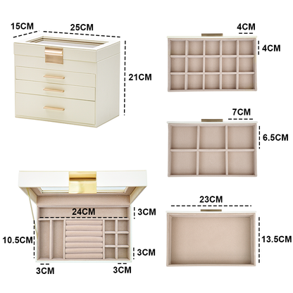 4 Layer Jewelry Box PU Leather Jewellery Organizer Multi-functional Storage Case with Clear Glass Lid and 3 Drawers for Necklaces Rings Earrings Watches - Image 7