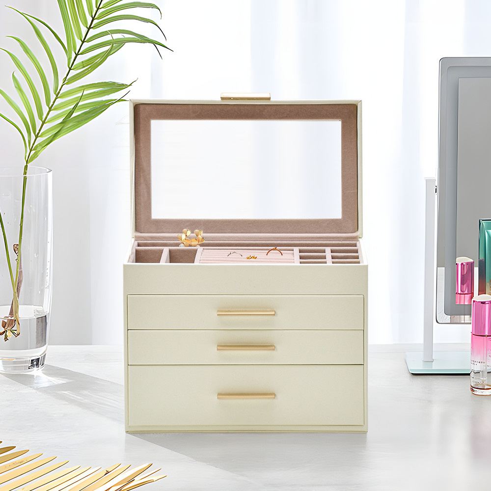 4 Layer Jewelry Box PU Leather Jewellery Organizer Multi-functional Storage Case with Clear Glass Lid and 3 Drawers for Necklaces Rings Earrings Watches - Image 8