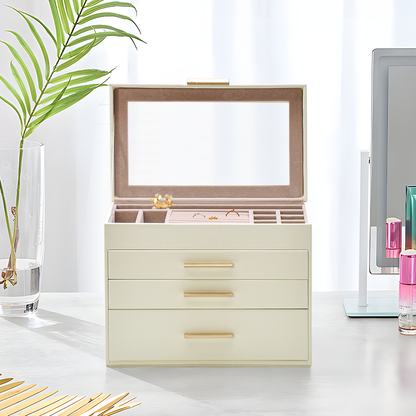 4 Layer Jewelry Box PU Leather Jewellery Organizer Multi-functional Storage Case with Clear Glass Lid and 3 Drawers for Necklaces Rings Earrings Watches - Image 8