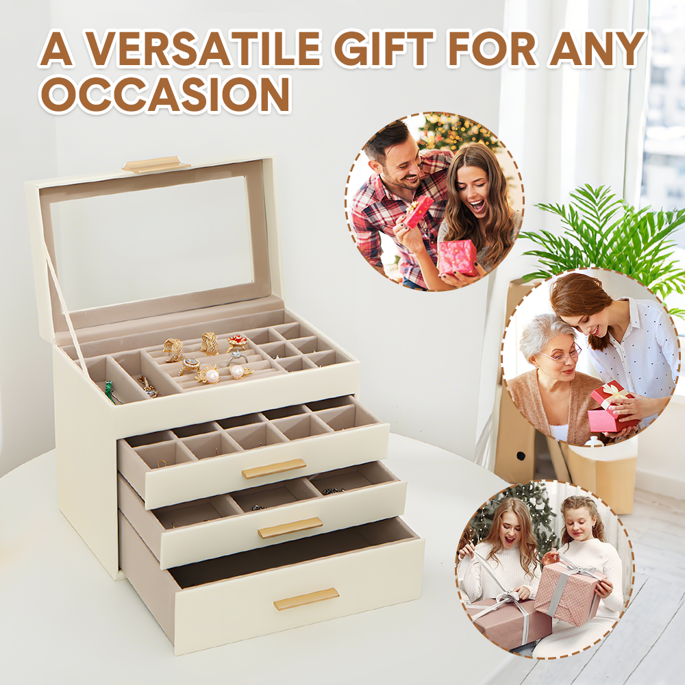 4 Layer Jewelry Box PU Leather Jewellery Organizer Multi-functional Storage Case with Clear Glass Lid and 3 Drawers for Necklaces Rings Earrings Watches - Image 9
