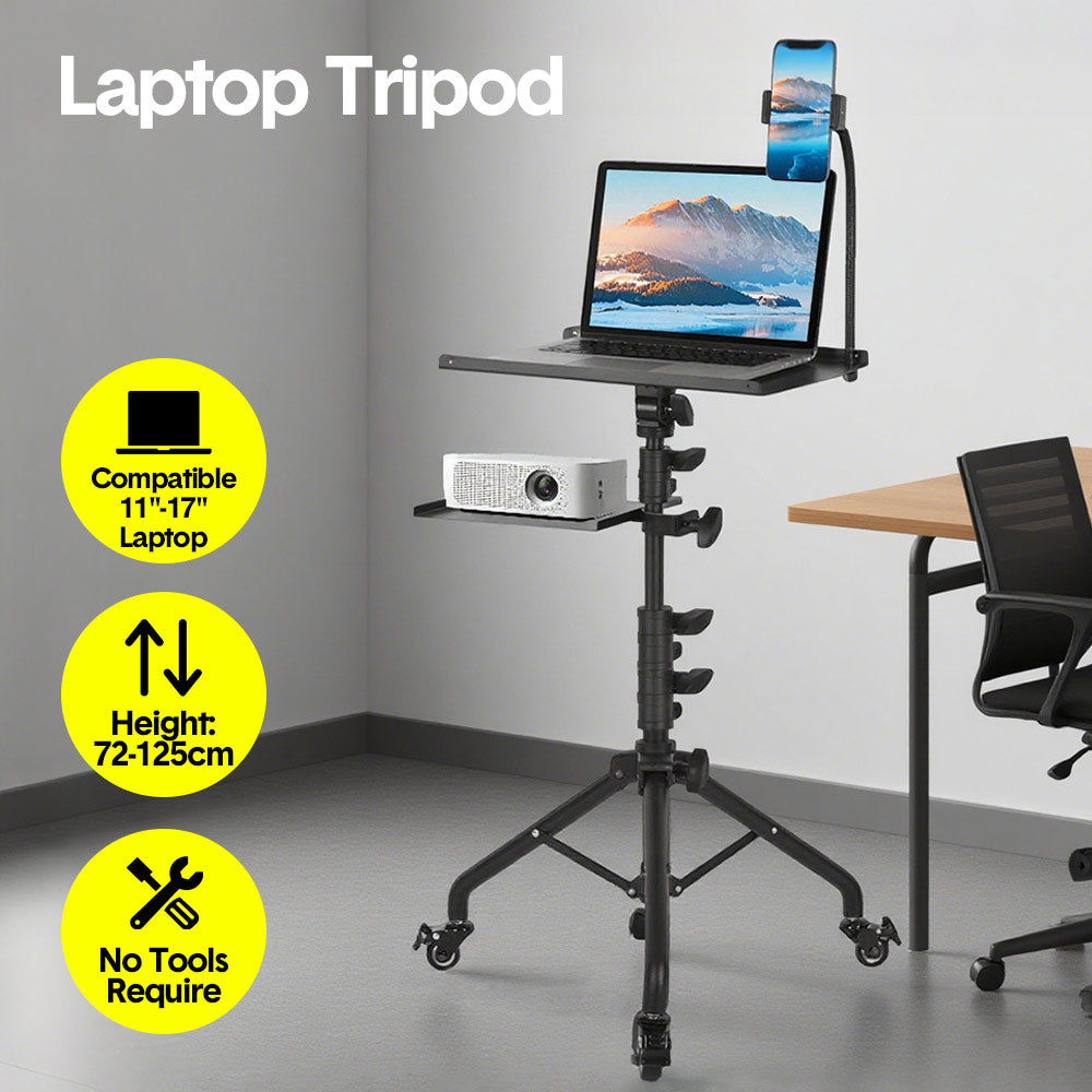 Mobile Laptop Tripod Stand 11-16 Inch on Wheels 82-170cm Height Adjustable Projector Stand Portable Stand with Gooseneck Phone Holder for Home Office - Image 2