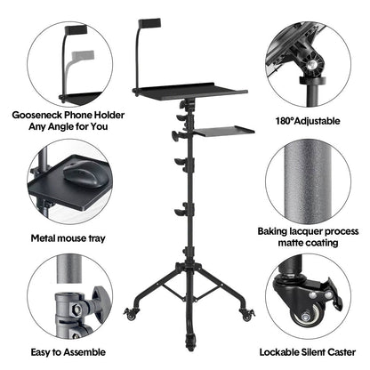 Mobile Laptop Tripod Stand 11-16 Inch on Wheels 82-170cm Height Adjustable Projector Stand Portable Stand with Gooseneck Phone Holder for Home Office - Image 3