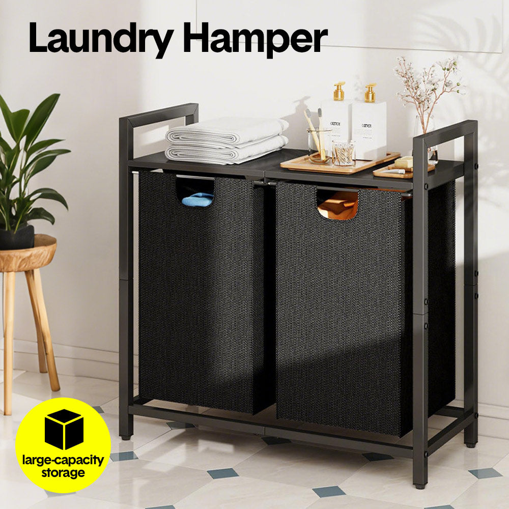Laundry Hamper Basket Metal Laundry Organizer with MDF Shelf and 2 Waterproof Pull-Out Removable Dirty Clothes Bags for Laundry Room Bedroom Bathroom Dorm - Image 2