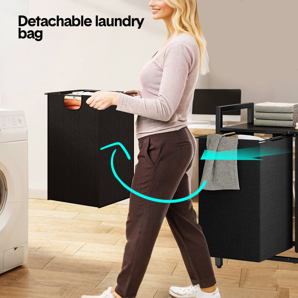 Laundry Hamper Basket Metal Laundry Organizer with MDF Shelf and 2 Waterproof Pull-Out Removable Dirty Clothes Bags for Laundry Room Bedroom Bathroom Dorm - Image 5