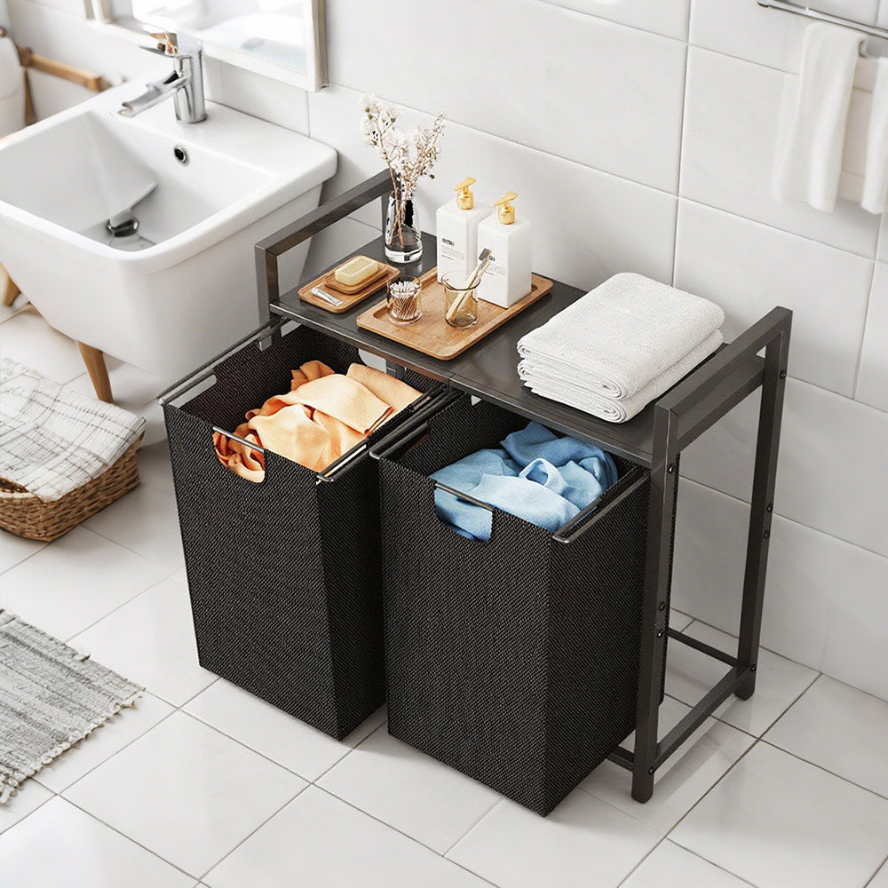 Laundry Hamper Basket Metal Laundry Organizer with MDF Shelf and 2 Waterproof Pull-Out Removable Dirty Clothes Bags for Laundry Room Bedroom Bathroom Dorm - Image 8