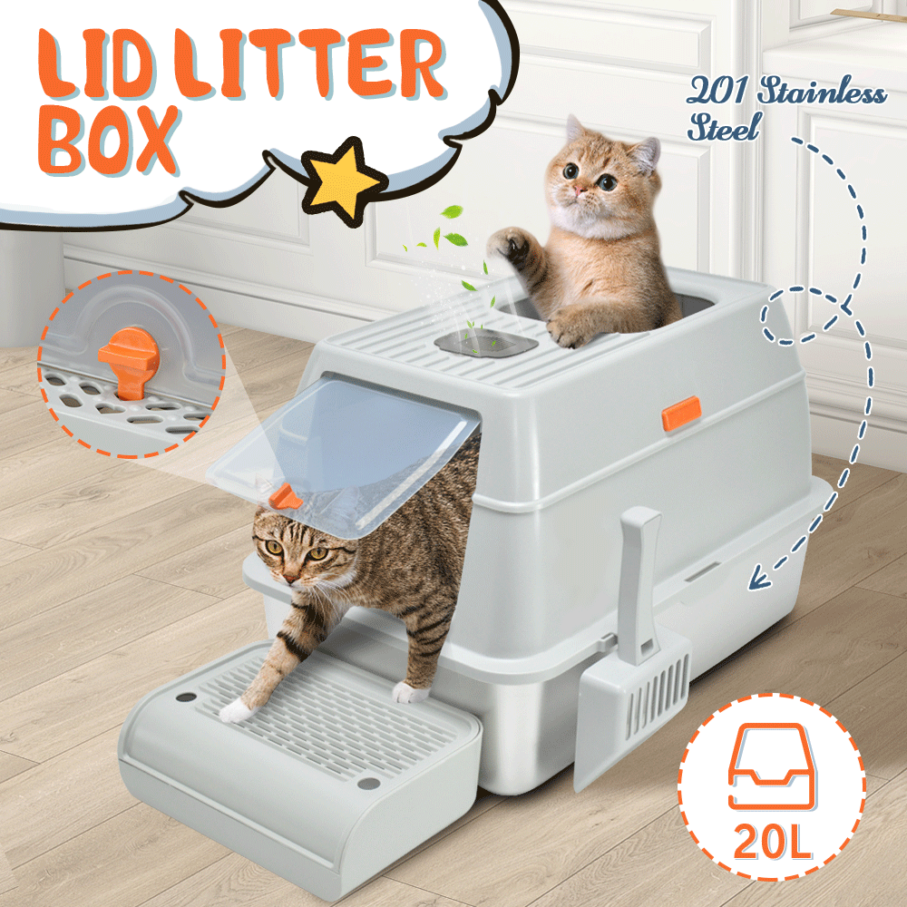 20L Large Anti-Leak Enclosed Cat Litter Box Stainless Steel Detachable Kitty Litter Tray with ABS Lid High Sides Scoop and Ramp Easy Cleaning Light Grey - Image 2