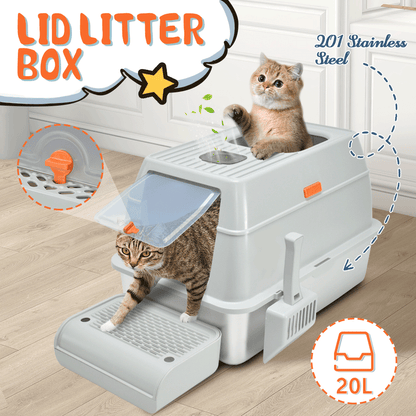 20L Large Anti-Leak Enclosed Cat Litter Box Stainless Steel Detachable Kitty Litter Tray with ABS Lid High Sides Scoop and Ramp Easy Cleaning Light Grey - Image 2