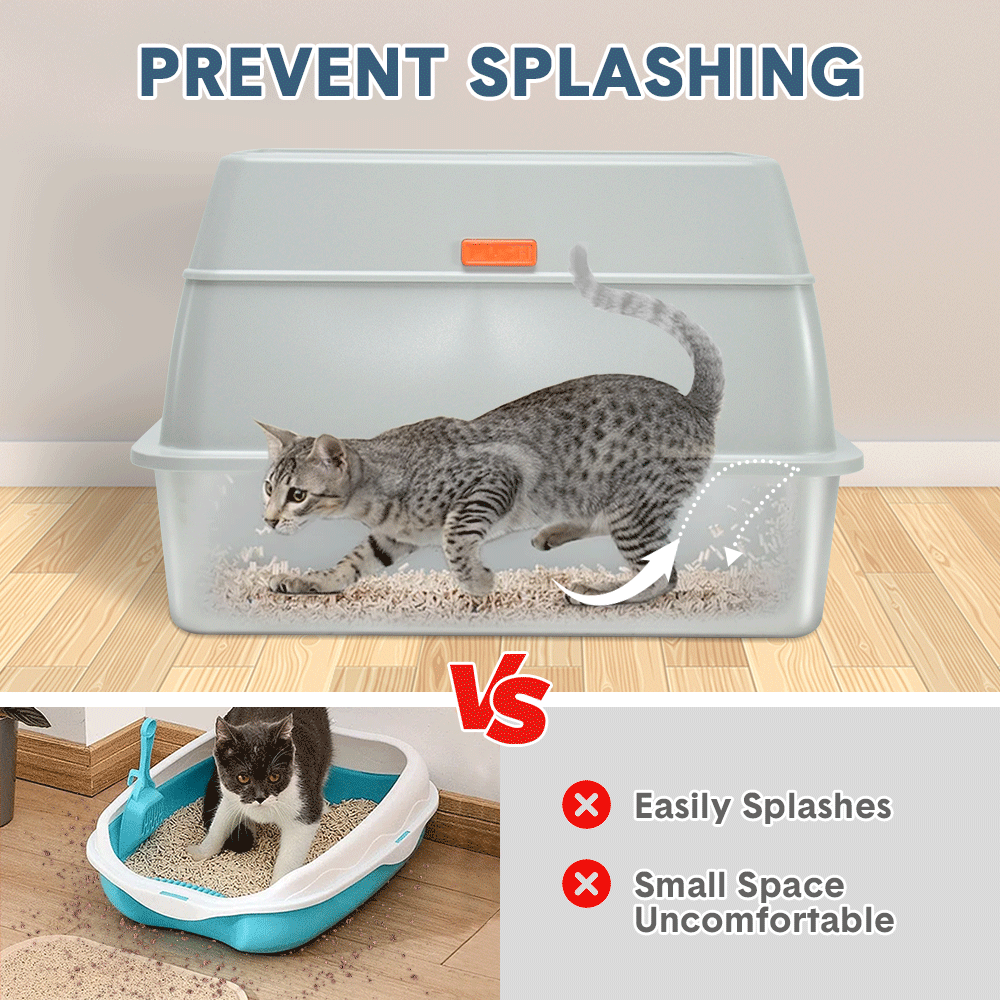 20L Large Anti-Leak Enclosed Cat Litter Box Stainless Steel Detachable Kitty Litter Tray with ABS Lid High Sides Scoop and Ramp Easy Cleaning Light Grey - Image 5