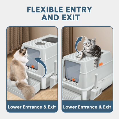 20L Large Anti-Leak Enclosed Cat Litter Box Stainless Steel Detachable Kitty Litter Tray with ABS Lid High Sides Scoop and Ramp Easy Cleaning Light Grey - Image 8