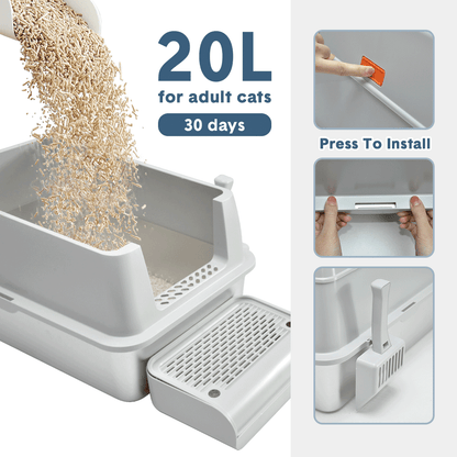 20L Large Anti-Leak Enclosed Cat Litter Box Stainless Steel Detachable Kitty Litter Tray with ABS Lid High Sides Scoop and Ramp Easy Cleaning Light Grey - Image 9
