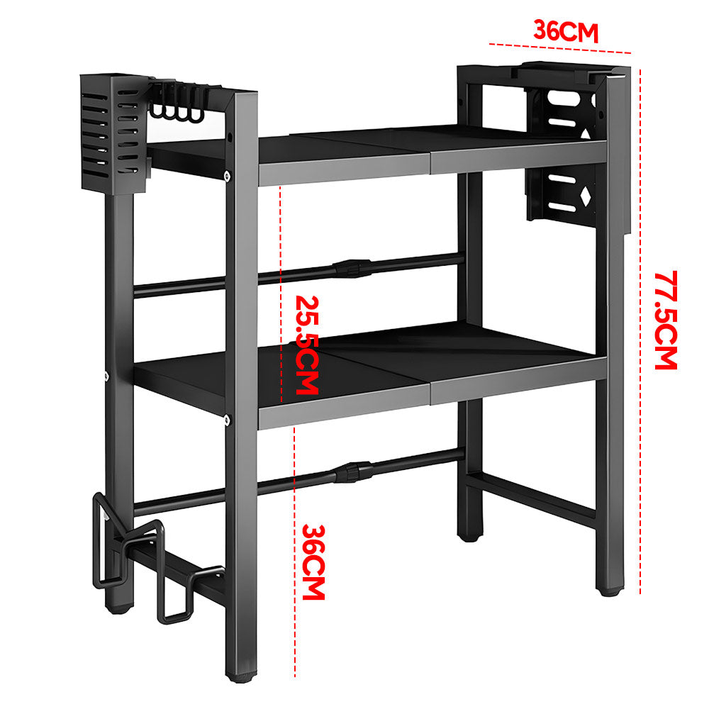 3-Tier Microwave Stand Oven Rack Height Adjustable and Extendable Stainless Steel Kitchen Storage Shelf With 6 Hook Over the Kitchen Counter Max Load 75Kgs - Image 7