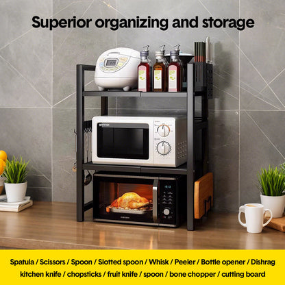 3-Tier Microwave Stand Oven Rack Height Adjustable and Extendable Stainless Steel Kitchen Storage Shelf With 6 Hook Over the Kitchen Counter Max Load 75Kgs - Image 8