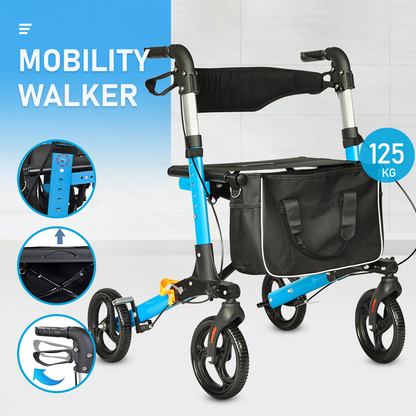 Alston 2 In 1 Foldable X-Fold Mobility Walker Rollator Chair Aid 8 Inch Wheel Max Load 136KG with Zippered Storage Bag for Elderly Seniors Indoor Outdoor Use - Image 2