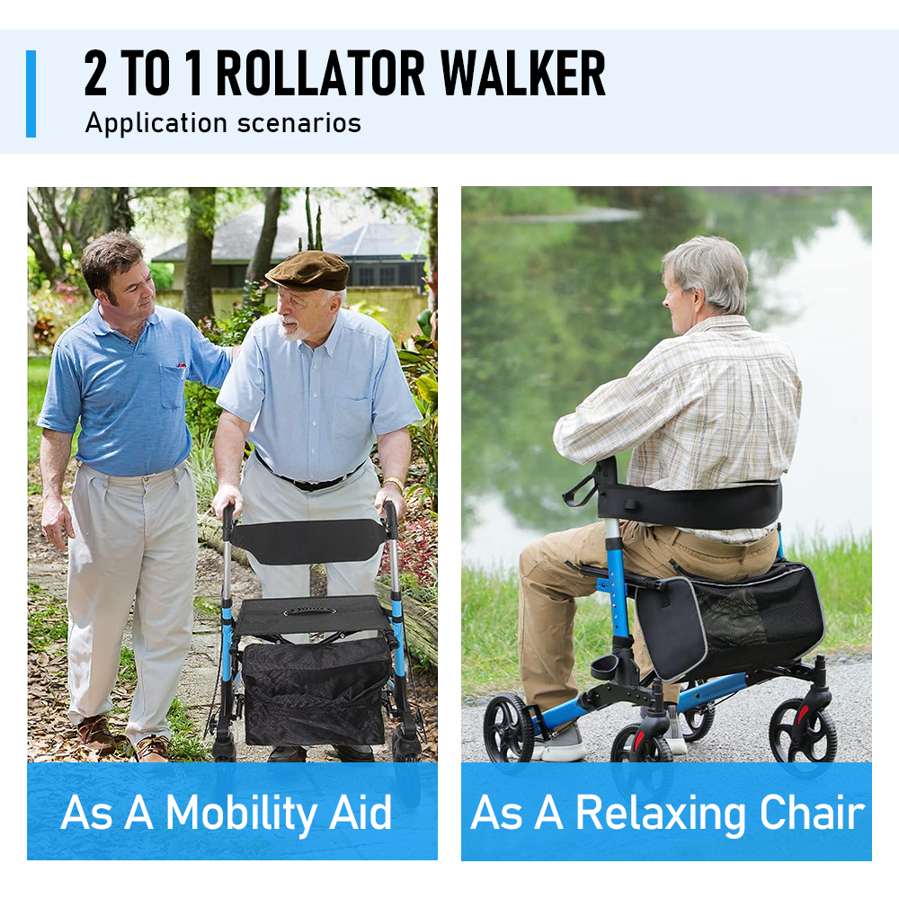 Alston 2 In 1 Foldable X-Fold Mobility Walker Rollator Chair Aid 8 Inch Wheel Max Load 136KG with Zippered Storage Bag for Elderly Seniors Indoor Outdoor Use - Image 4