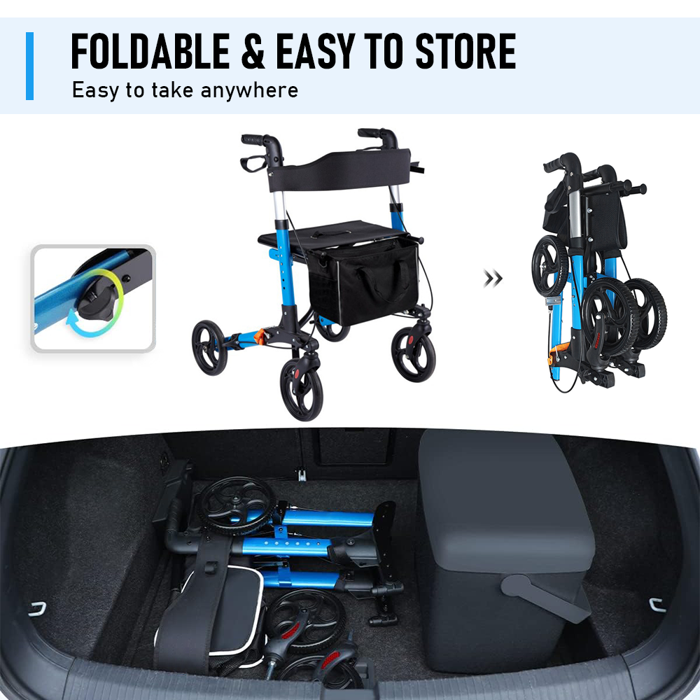 Alston 2 In 1 Foldable X-Fold Mobility Walker Rollator Chair Aid 8 Inch Wheel Max Load 136KG with Zippered Storage Bag for Elderly Seniors Indoor Outdoor Use - Image 6