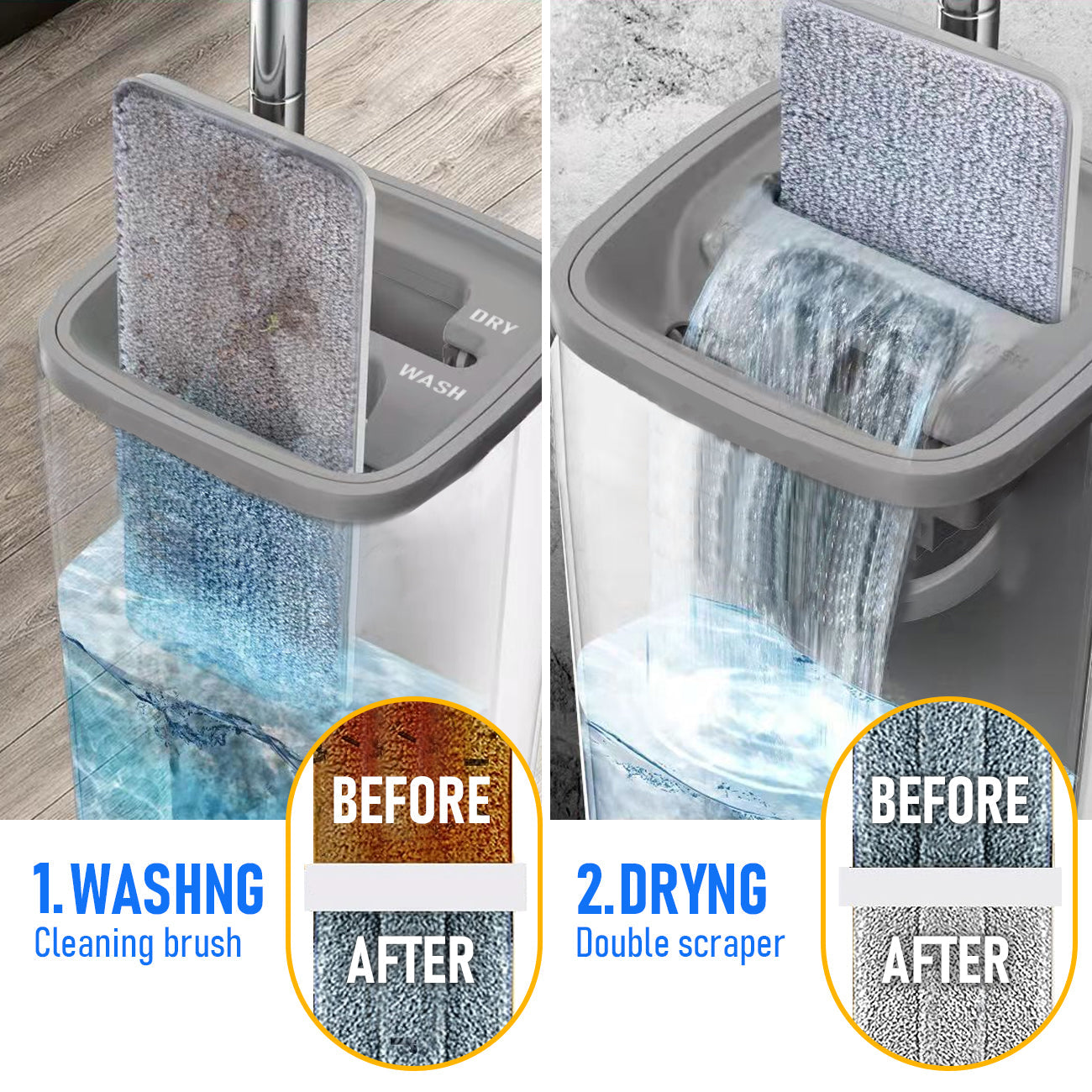 Flat D Set Mop and Bucket Wringer Set with Stainless-Steel Handle 10 Washable and Reusable Microfiber Pads for Hardwood Laminate Floors Tile - Image 2