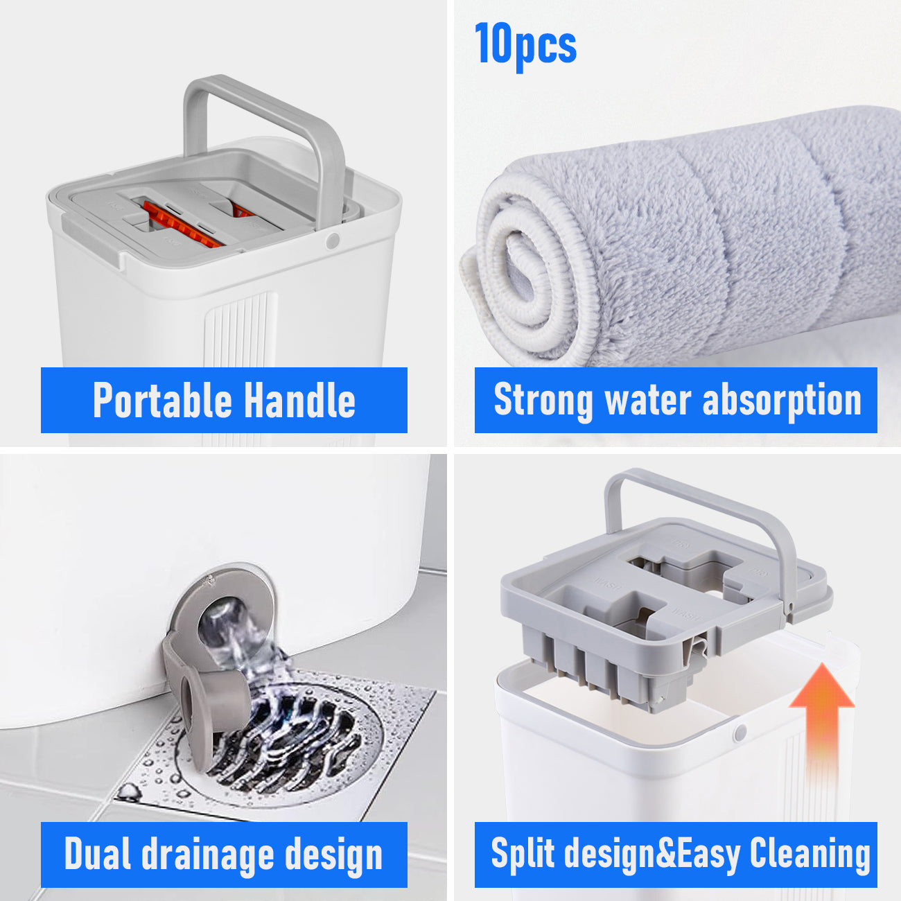 Flat D Set Mop and Bucket Wringer Set with Stainless-Steel Handle 10 Washable and Reusable Microfiber Pads for Hardwood Laminate Floors Tile - Image 5