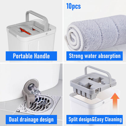 Flat D Set Mop and Bucket Wringer Set with Stainless-Steel Handle 10 Washable and Reusable Microfiber Pads for Hardwood Laminate Floors Tile - Image 5