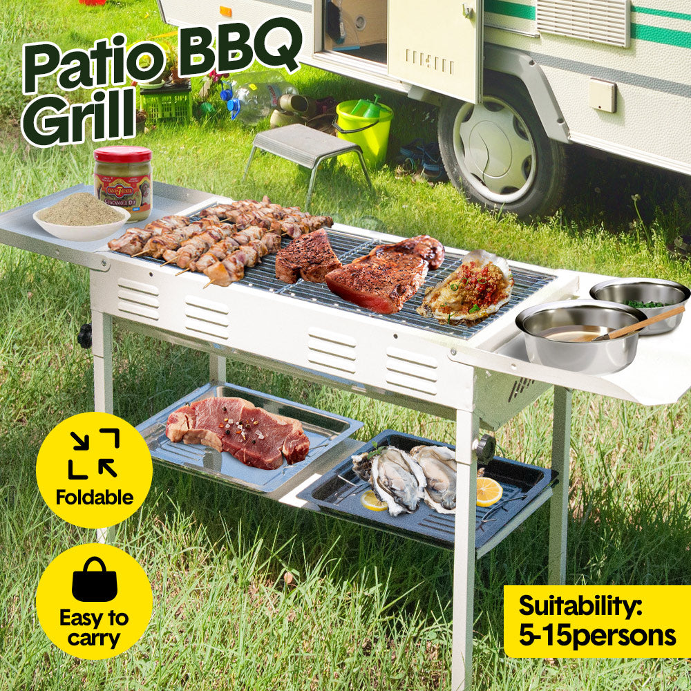 Portable Large Barbecue Charcoal Grill Stove Foldable Kebab Stainless Steel BBQ Grill With 2 Grill Nets 2 Enamel Baking Pans And Tong Outdoor Camping Patio - Image 2