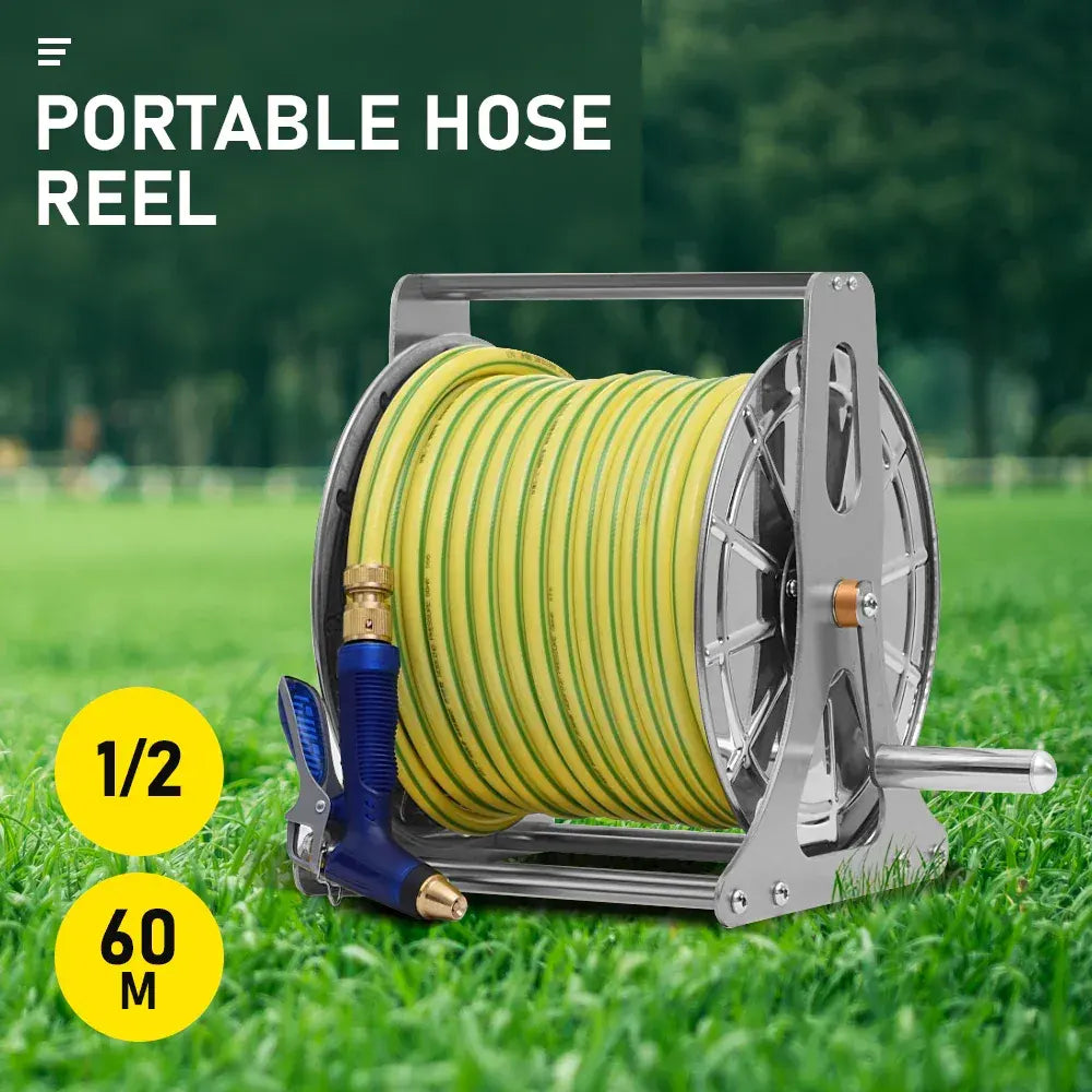 Large Stainless Steel Garden Hose Reel Cart Portable Pipe Holder Heavy Duty Water Pipe Storage Rack With Crank Handle for 1/2inch Hose up to 60M - Image 2