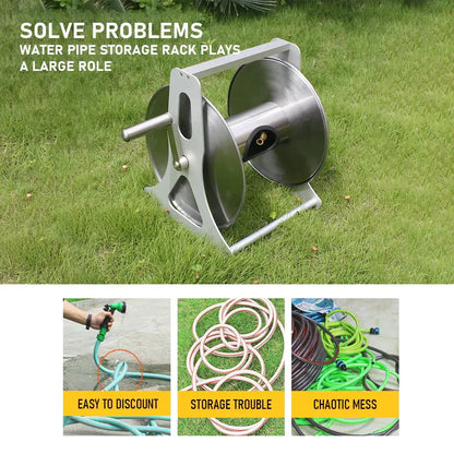 Large Stainless Steel Garden Hose Reel Cart Portable Pipe Holder Heavy Duty Water Pipe Storage Rack With Crank Handle for 1/2inch Hose up to 60M - Image 9