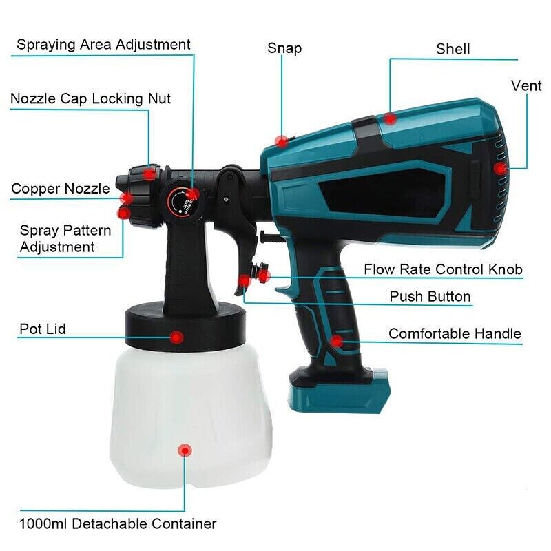 1400ml Cordless High Pressure Spray Gun Flow Adjustable Spray Gun Paint Sprayer Home Interior Exterior With 2 Nozzles For Makita 21V Battery-Skin Only - Image 7
