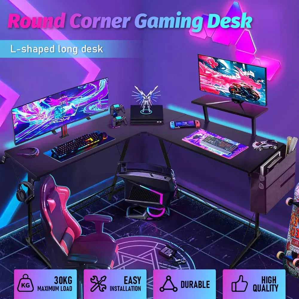 L Shaped Computer Desk Round Corner Gaming Desk PC Laptop Workstation Reversible Wood Table With Screen Stand and Foot Fest Bar Home Office Black - Image 2