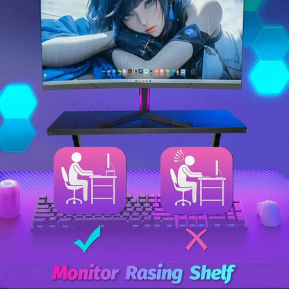 L Shaped Computer Desk Round Corner Gaming Desk PC Laptop Workstation Reversible Wood Table With Screen Stand and Foot Fest Bar Home Office Black - Image 3