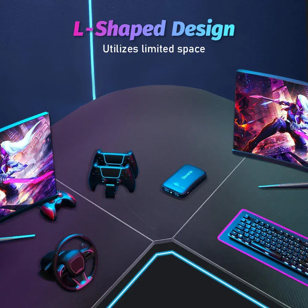 L Shaped Computer Desk Round Corner Gaming Desk PC Laptop Workstation Reversible Wood Table With Screen Stand and Foot Fest Bar Home Office Black - Image 4
