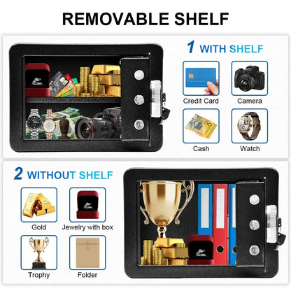 All Steel Safety Box Wall Mountable Fireproof Mini Safe Box Keypad and Key Dual Unlock Methods with Removable Shelf for Home Office Hotel Money Safe - Image 4
