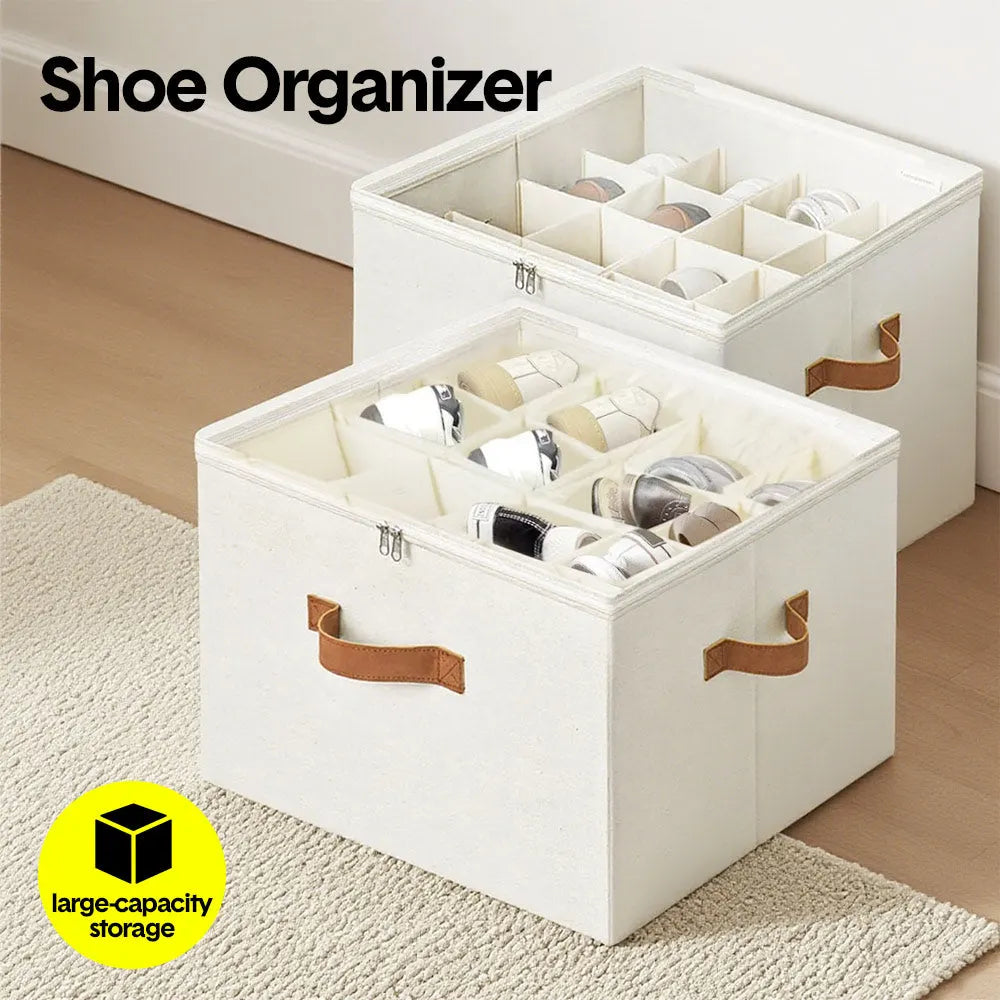 2 Pack Shoe Organizer Zipper Clear Lid Fabric Shoe Storage Box Space Saving Beige Shoe Holder for Closet and Adjustable Dividers Fits up to 16 Pairs - Image 2