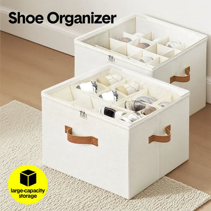 2 Pack Shoe Organizer Zipper Clear Lid Fabric Shoe Storage Box Space Saving Beige Shoe Holder for Closet and Adjustable Dividers Fits up to 16 Pairs - Image 2