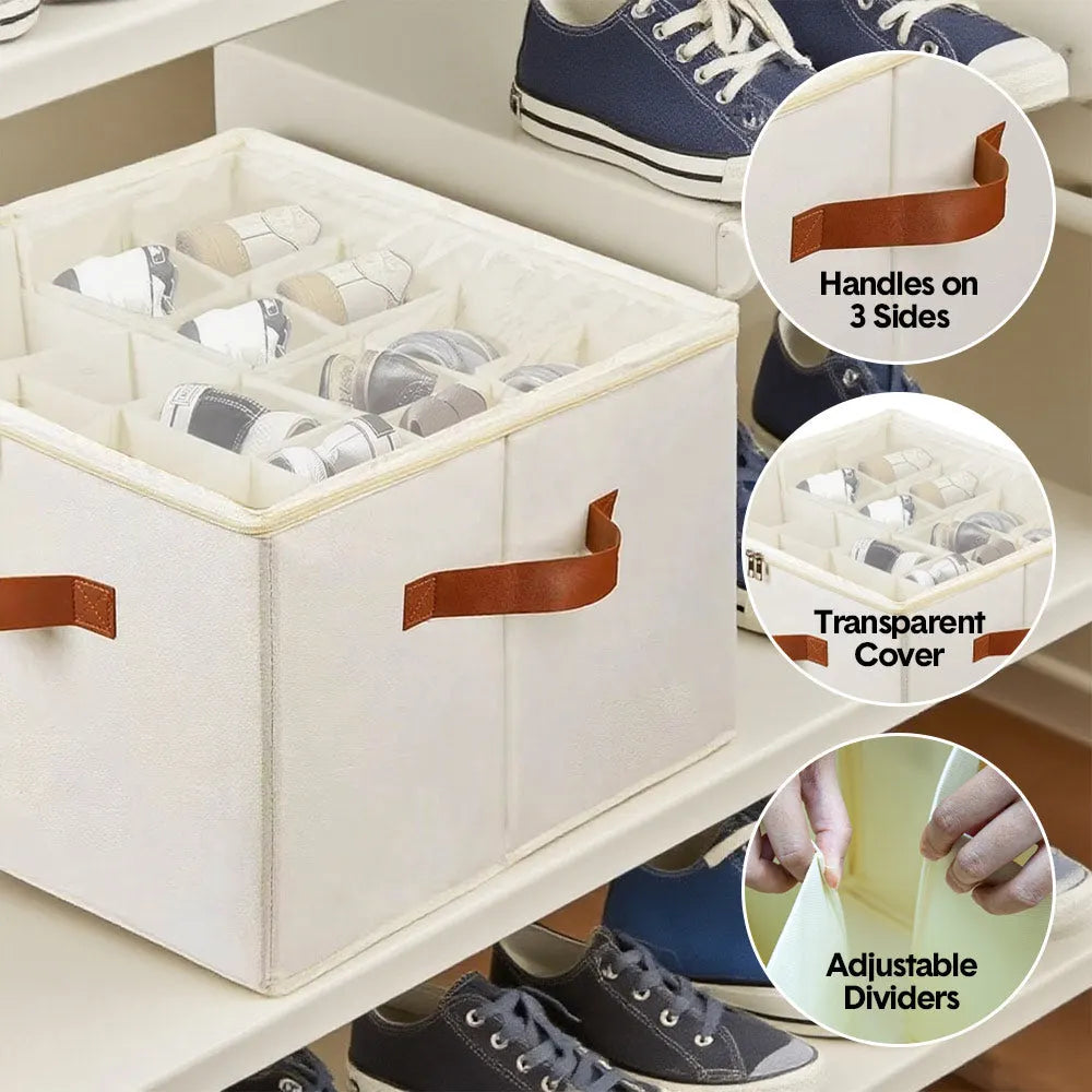 2 Pack Shoe Organizer Zipper Clear Lid Fabric Shoe Storage Box Space Saving Beige Shoe Holder for Closet and Adjustable Dividers Fits up to 16 Pairs - Image 3