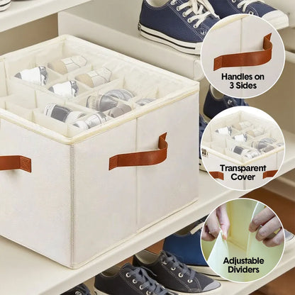 2 Pack Shoe Organizer Zipper Clear Lid Fabric Shoe Storage Box Space Saving Beige Shoe Holder for Closet and Adjustable Dividers Fits up to 16 Pairs - Image 3