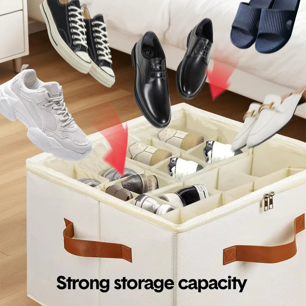 2 Pack Shoe Organizer Zipper Clear Lid Fabric Shoe Storage Box Space Saving Beige Shoe Holder for Closet and Adjustable Dividers Fits up to 16 Pairs - Image 5