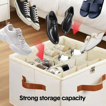 2 Pack Shoe Organizer Zipper Clear Lid Fabric Shoe Storage Box Space Saving Beige Shoe Holder for Closet and Adjustable Dividers Fits up to 16 Pairs - Image 5