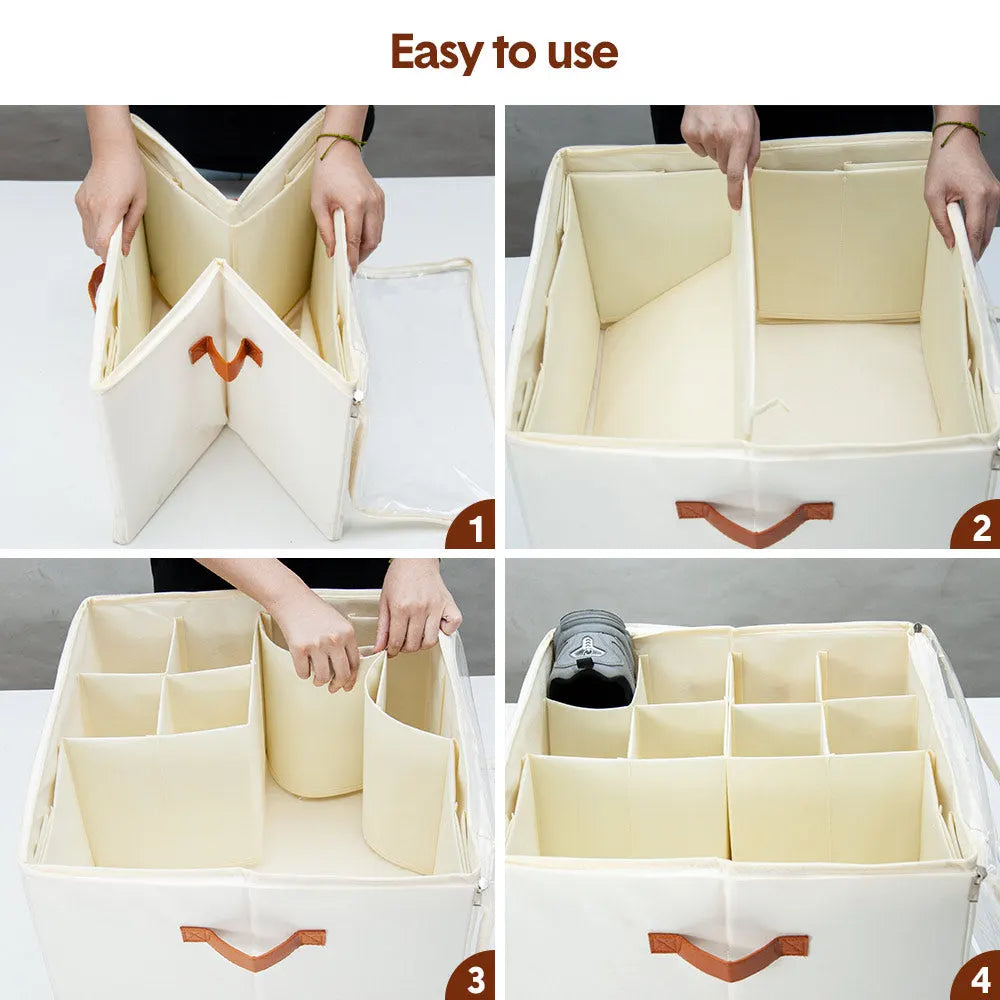2 Pack Shoe Organizer Zipper Clear Lid Fabric Shoe Storage Box Space Saving Beige Shoe Holder for Closet and Adjustable Dividers Fits up to 16 Pairs - Image 8