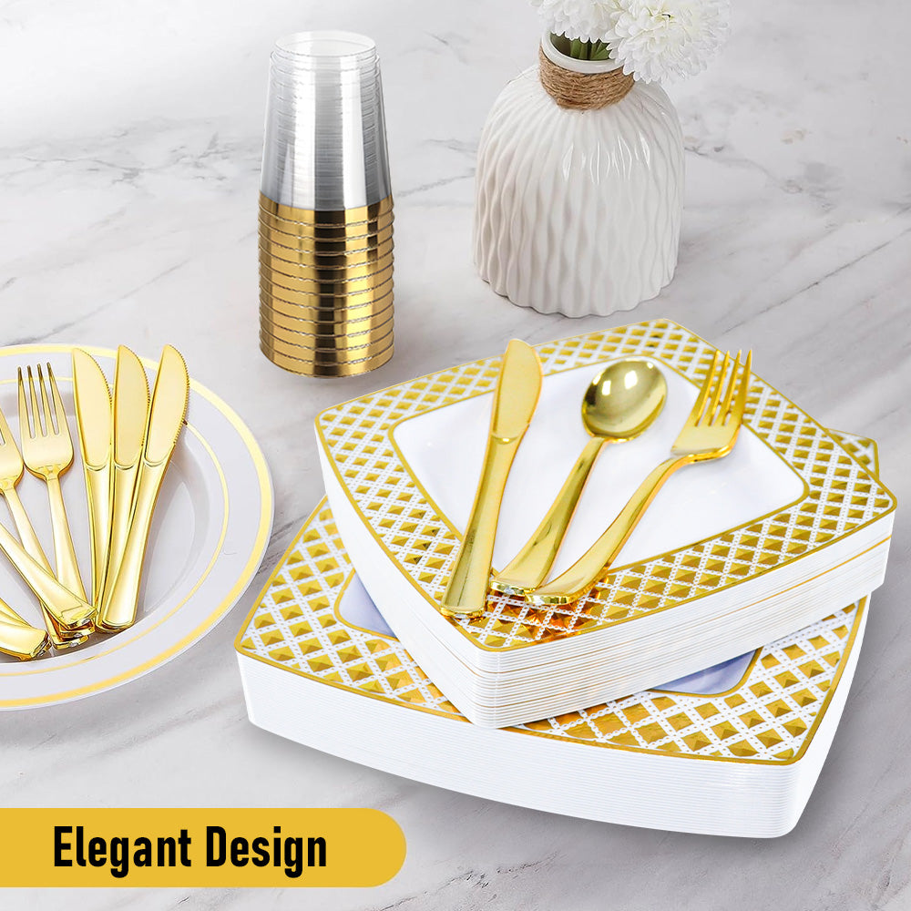 175pcs Food-Grade Wedding Event Banquet Disposable Tableware Dinnerware Gold-Edged Plastic Cutlery Pack of 25 Dining Sets Square Plates Cutlery Napkins - Image 3