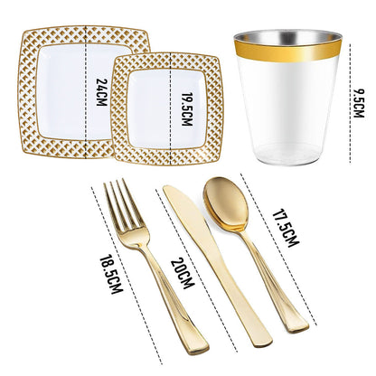175pcs Food-Grade Wedding Event Banquet Disposable Tableware Dinnerware Gold-Edged Plastic Cutlery Pack of 25 Dining Sets Square Plates Cutlery Napkins - Image 8