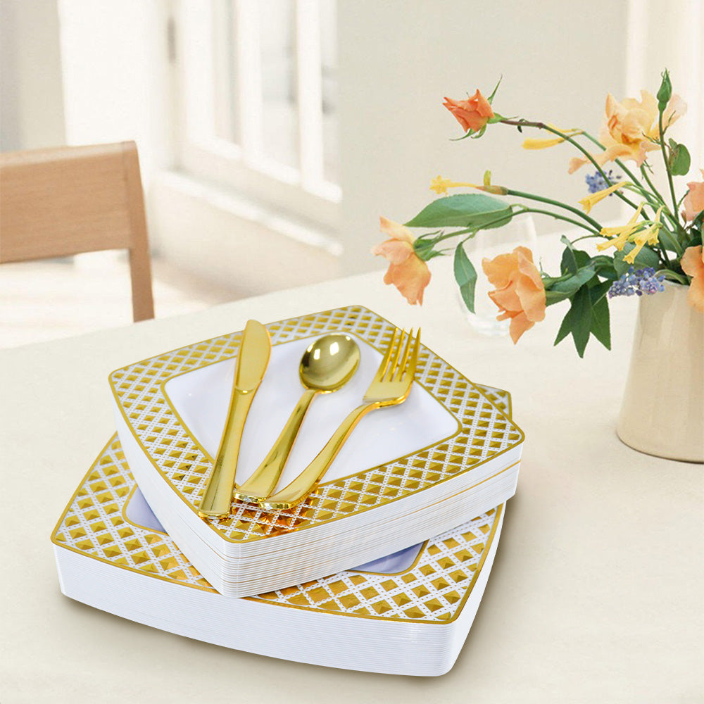 175pcs Food-Grade Wedding Event Banquet Disposable Tableware Dinnerware Gold-Edged Plastic Cutlery Pack of 25 Dining Sets Square Plates Cutlery Napkins - Image 9