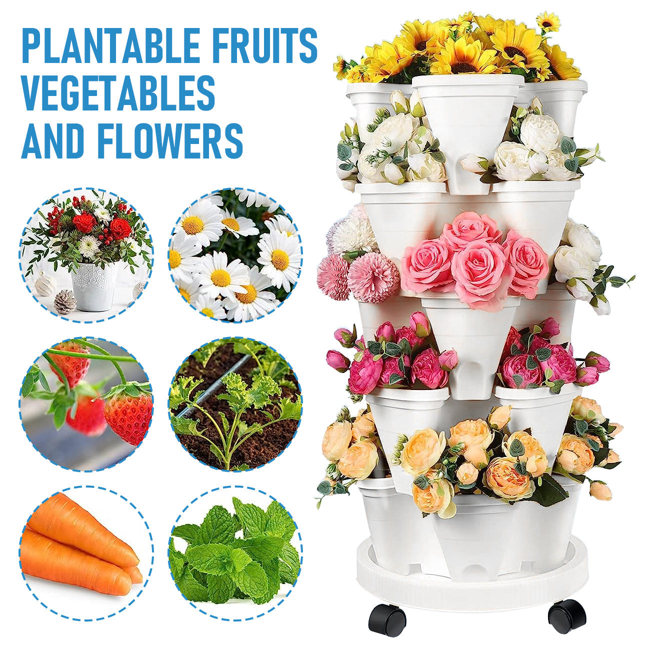 5 Tier Stackable Planter Pots Vertical Garden Stacking Space Saving High Yield Ideal for Herbs Flower Plants Veggies With Wheel White 37cm Width - Image 3