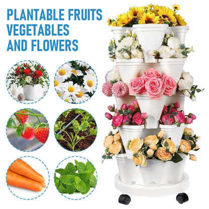 5 Tier Stackable Planter Pots Vertical Garden Stacking Space Saving High Yield Ideal for Herbs Flower Plants Veggies With Wheel White 37cm Width - Image 3