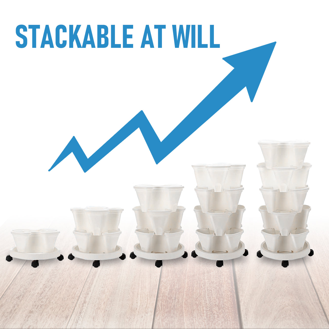 5 Tier Stackable Planter Pots Vertical Garden Stacking Space Saving High Yield Ideal for Herbs Flower Plants Veggies With Wheel White 37cm Width - Image 4