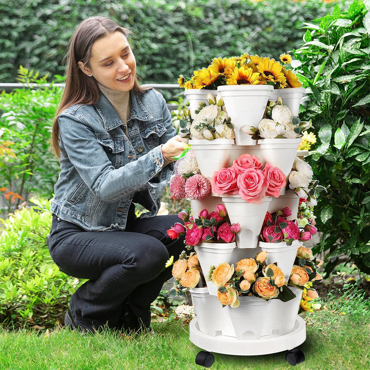 5 Tier Stackable Planter Pots Vertical Garden Stacking Space Saving High Yield Ideal for Herbs Flower Plants Veggies With Wheel White 37cm Width - Image 5