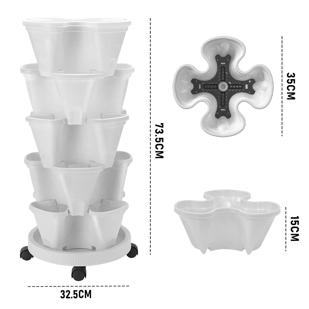 5 Tier Stackable Planter Pots Vertical Garden Stacking Space Saving High Yield Ideal for Herbs Flower Plants Veggies With Wheel White 37cm Width - Image 7