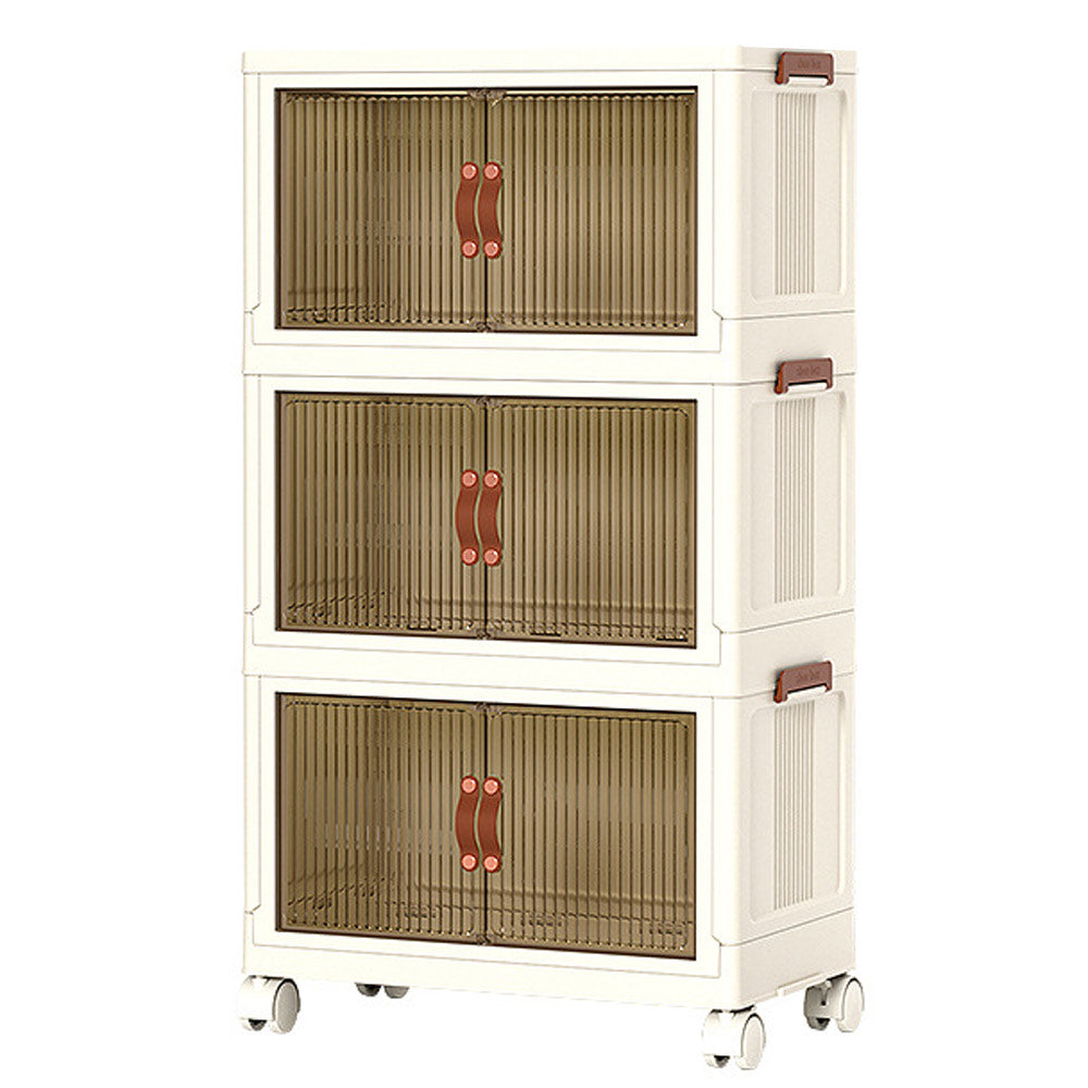 Foldable Storage Cabinet Stackable Bins Household Plastic Closet Multi-purpose Organizer Doors and Top Lid 2 Way Opening with 360 Degree Rotatable Wheels