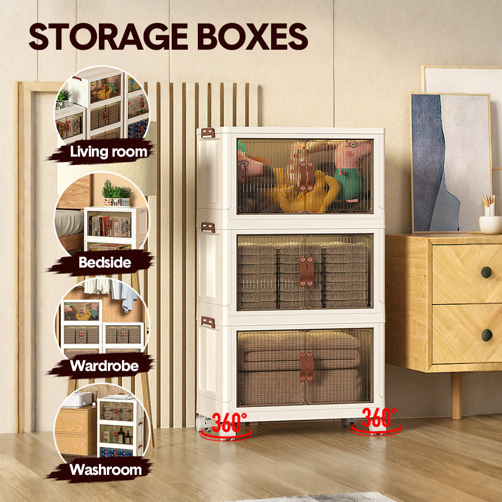 Foldable Storage Cabinet Stackable Bins Household Plastic Closet Multi-purpose Organizer Doors and Top Lid 2 Way Opening with 360 Degree Rotatable Wheels - Image 2